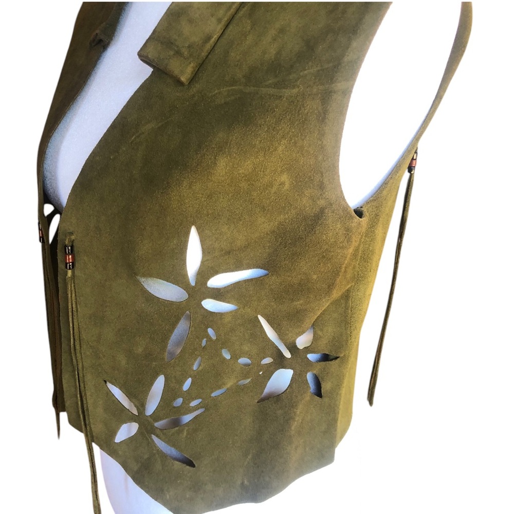 Vintage Army Green Suede Vest Fringe Detail and Flower cut outs - Picture 4 of 16
